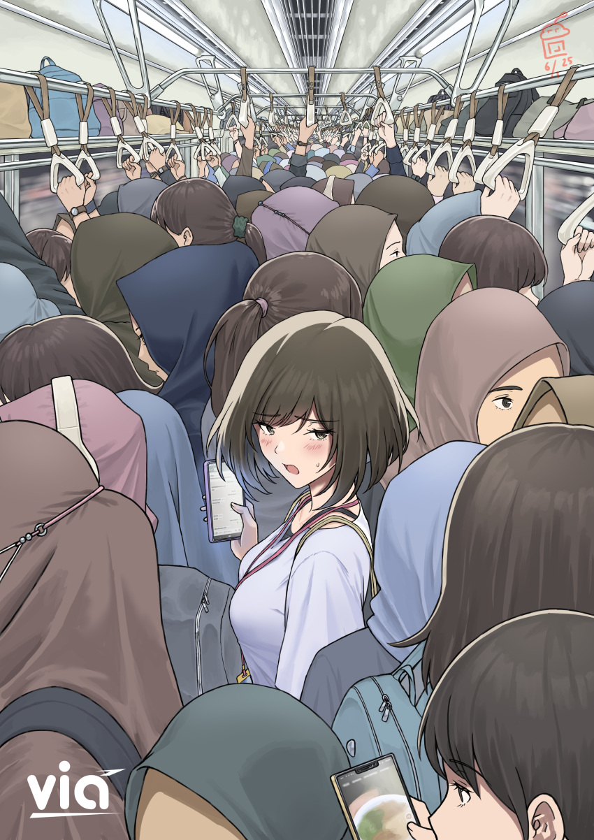 6+girls, absurdres, arm_up, backpack, bag, black_hair, black_hijab, blue_hijab, blush, breasts, brown_eyes, brown_hair, brown_hijab, cellphone, commentary, crowd, crowded, dated, english_commentary, green_hijab, green_scrunchie, grey_hijab, hair_ornament, hair_scrunchie, hand_grip, highres, hijab, holding, holding_hand_grip, holding_phone, long_hair, multiple_girls, nayla_(yudhacakranidji), original, people, phone, pink_hijab, ponytail, purple_hijab, scrunchie, shirt, short_hair, smartphone, subway, sweatdrop, t-shirt, train_interior, watch, watch, white_shirt, yudhacakranidji