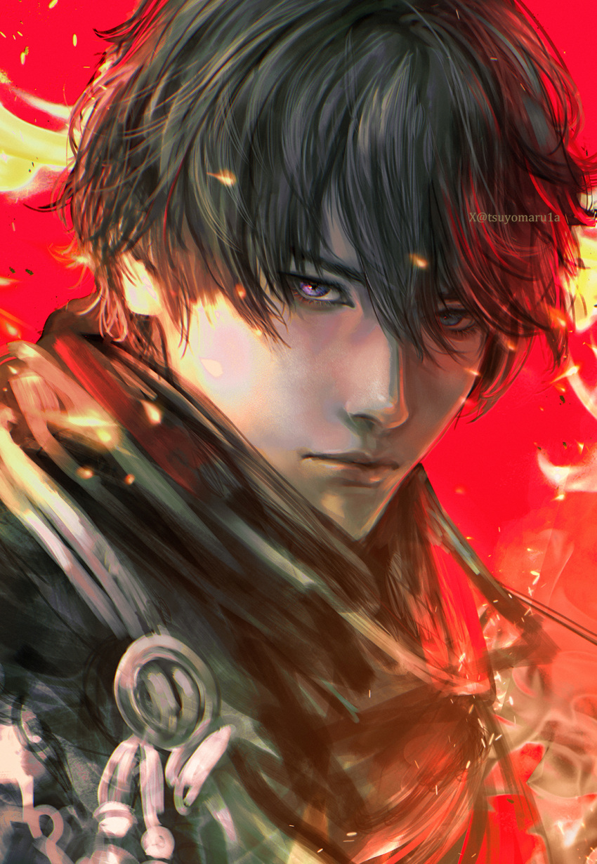 1boy, artist_name, black_hair, black_scarf, closed_mouth, embers, fire, hair_between_eyes