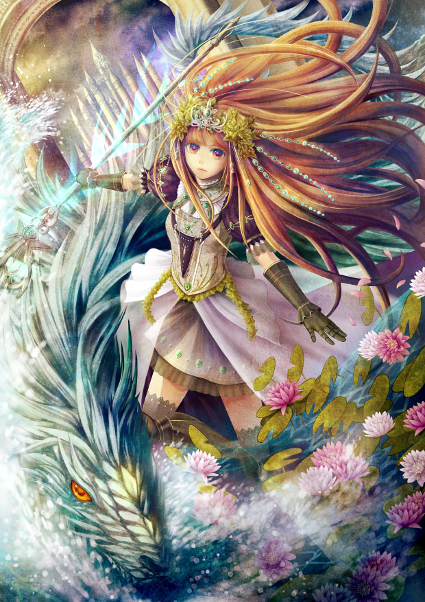 brown_eyes, brown_hair, crown, dragon, flower, gloves, inomarii, lily_pad