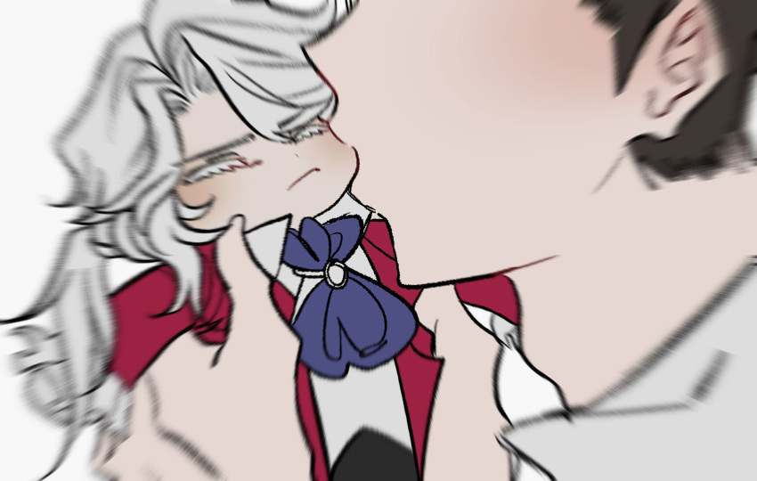 2boys, :/, adam's_apple, ascot, biting, biting_cheek, black_hair, blue_ascot