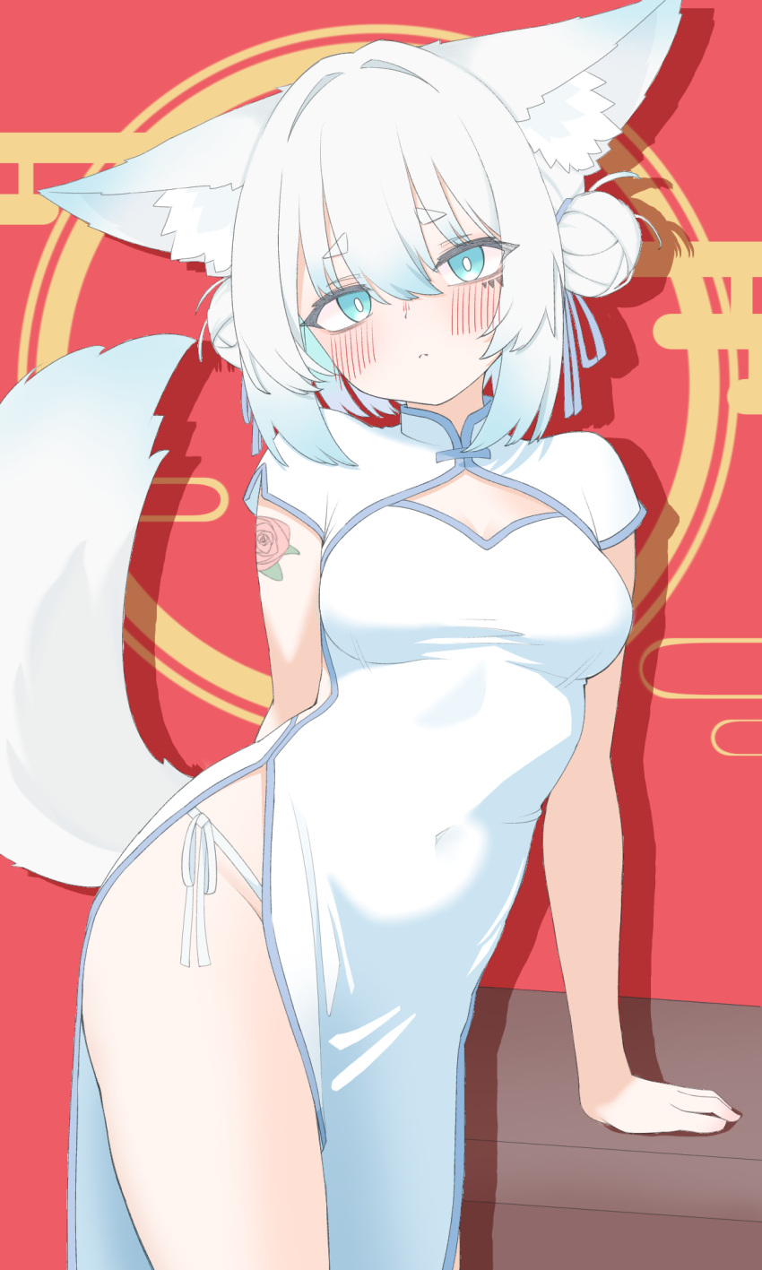 1girl, animal_ears, arm_behind_back, arm_support, arm_tattoo, breasts, china_dress, chinese_clothes, double_bun, dress, expressionless, flower_tattoo, fox_ears, fox_girl, fox_tail, hair_bun, highres, looking_at_viewer, medium_breasts, original, panties, short_hair, side-tie_panties, side_slit, tail, tattoo, tsuno_(tuno_mist), underwear, white_hair, white_panties
