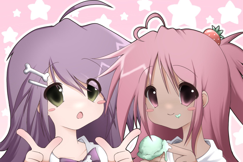 2000s_(style), 2girls, ahoge, blush_stickers, bone_hair_ornament, bonnie_bones_(ponymoe), dark-skinned_female, dark_skin, food-themed_hair_ornament, green_eyes, hair_ornament, highres, ice_cream_cone, multiple_girls, original, pink_eyes, pink_hair, ponymoe, purple_hair, star_(symbol), strawberry_cream_(ponymoe), strawberry_hair_ornament