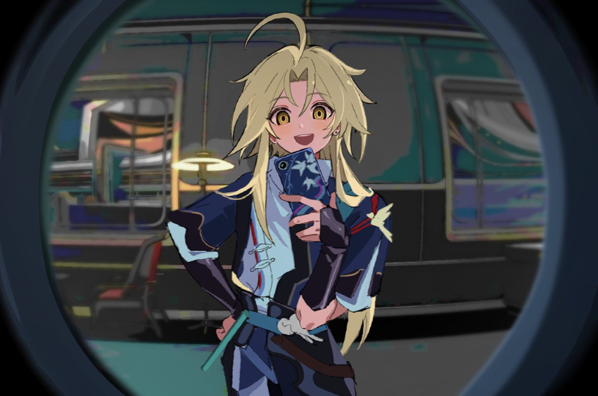 1boy, annlin, blonde_hair, blush, cellphone, chinese_clothes, empty_eyes, hair_between_eyes