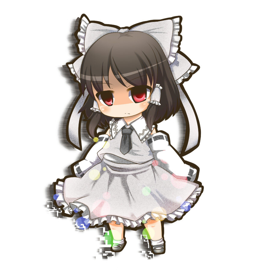 alternate_color, ascot, bow, brown_hair, concealed_the_conclusion, detached_sleeves, dnk, empty_eyes