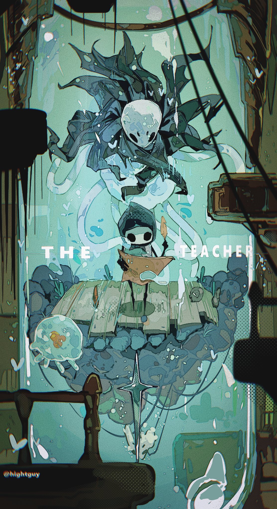 1boy, 1girl, cable, full_body, grey_cloak, highres, hightguy, holding