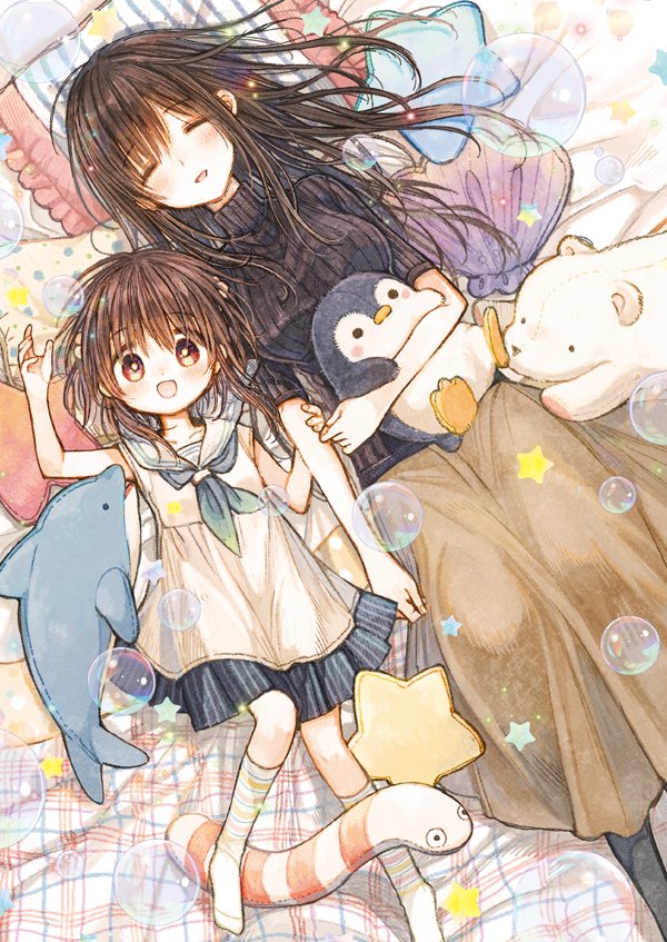 2girls, age_difference, black_hair, brown_eyes, brown_hair, dress, from_above, holding_another's_arm