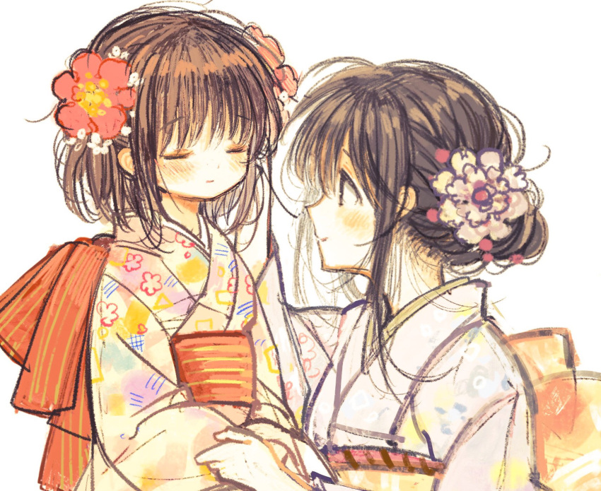 2girls, age_difference, alternate_costume, animal_ears, black_hair, bob_cut, brown_hair, child