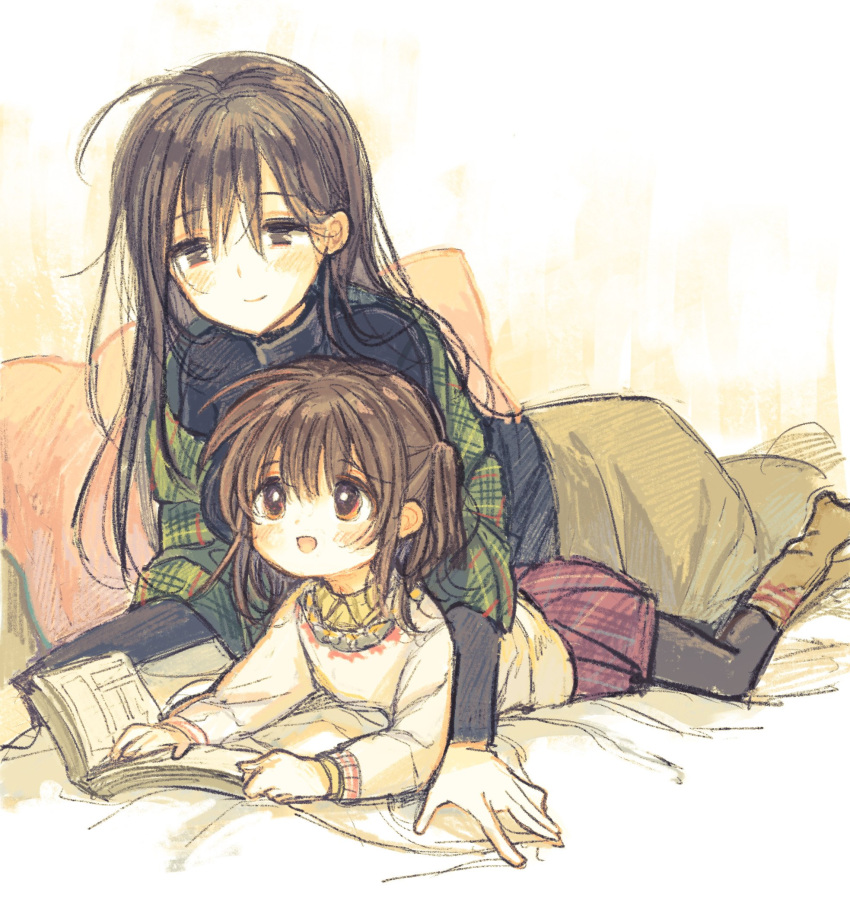 age_difference, black_pantyhose, black_shirt, book, brown_eyes, brown_hair, brown_skirt, brown_socks