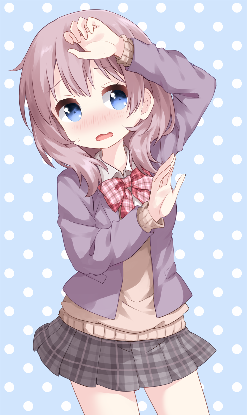 1girl, amami_yuzuki, arm_up, blue_background, blue_eyes, blush, bow, bowtie