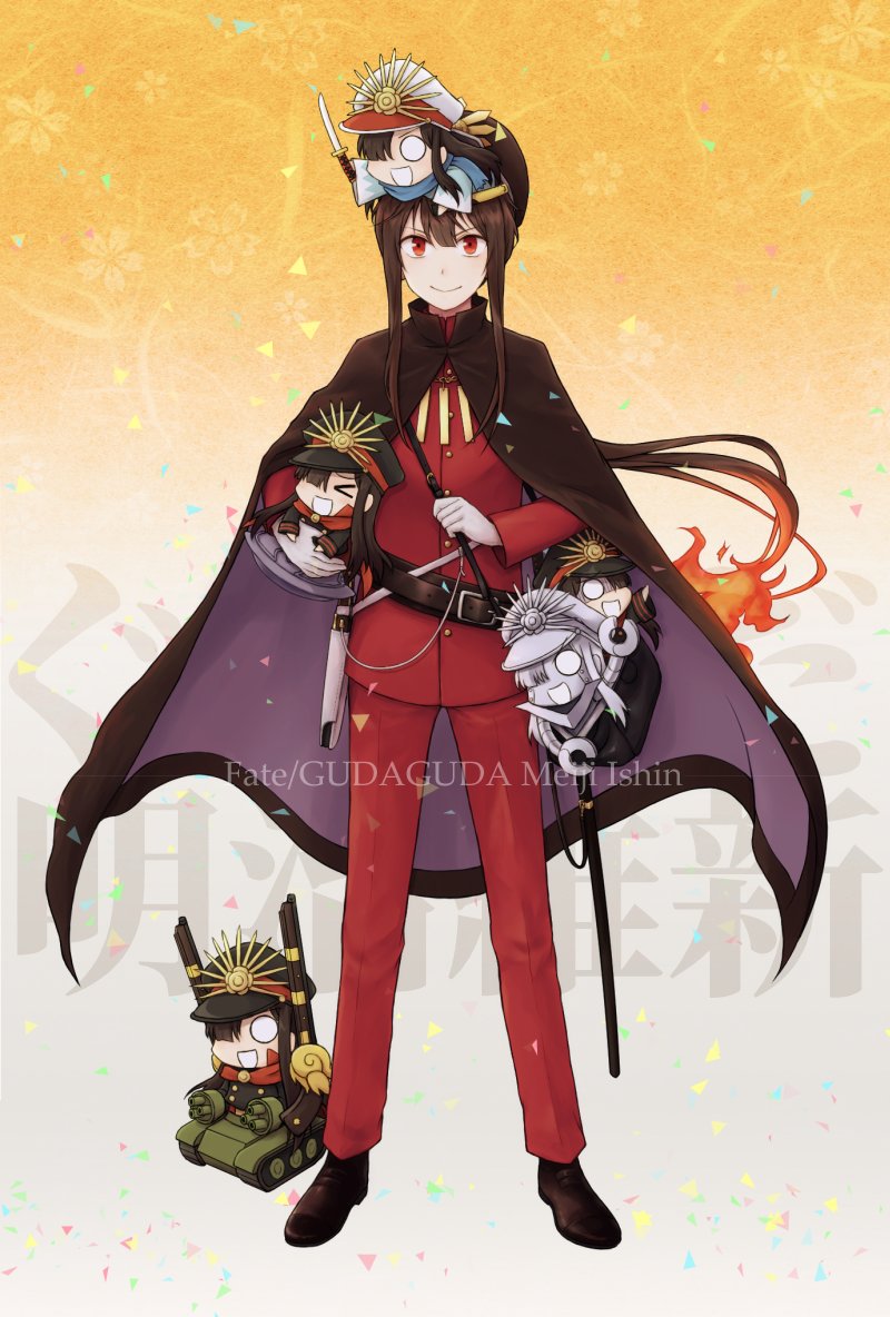 >_<, 1boy, :d, bag, belt, black_bag, black_cape, black_hat