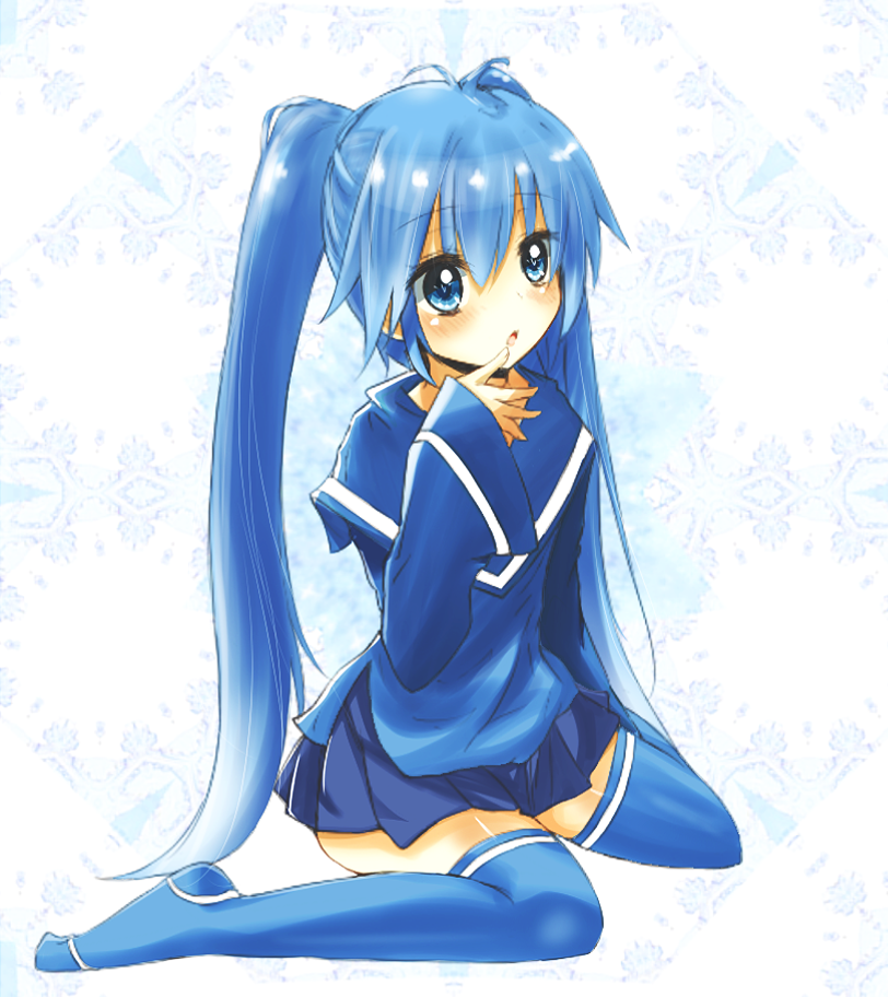 bad_id, blue_eyes, blue_hair, blue_legwear, blue_thighhighs, finger_to_mouth, imaichi_moenai_ko, kobe_shimbun