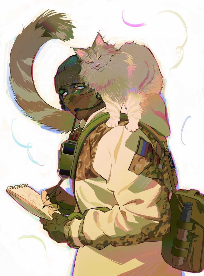 1boy, animal, animal_on_shoulder, bag, beanie, black_hat, blue_eyes, camouflage