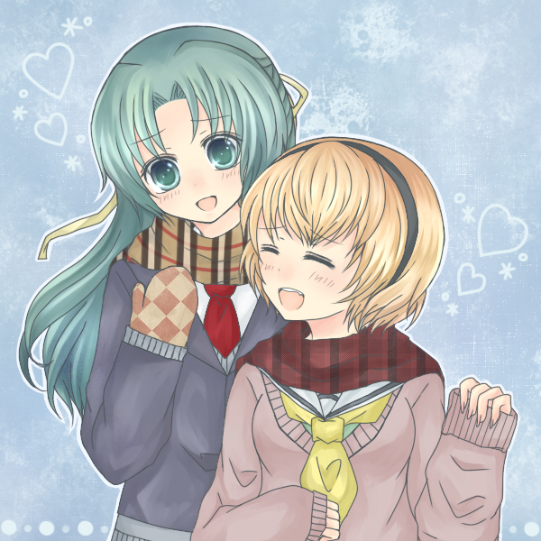 blonde_hair, closed_eyes, eyes_closed, green_eyes, green_hair, hairband, heart, higurashi_no_naku_koro_ni