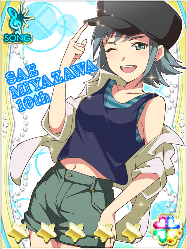 1girl, ;d, adjusting_clothes, adjusting_headwear, akb0048, black_hat, black_tank_top, blue_background