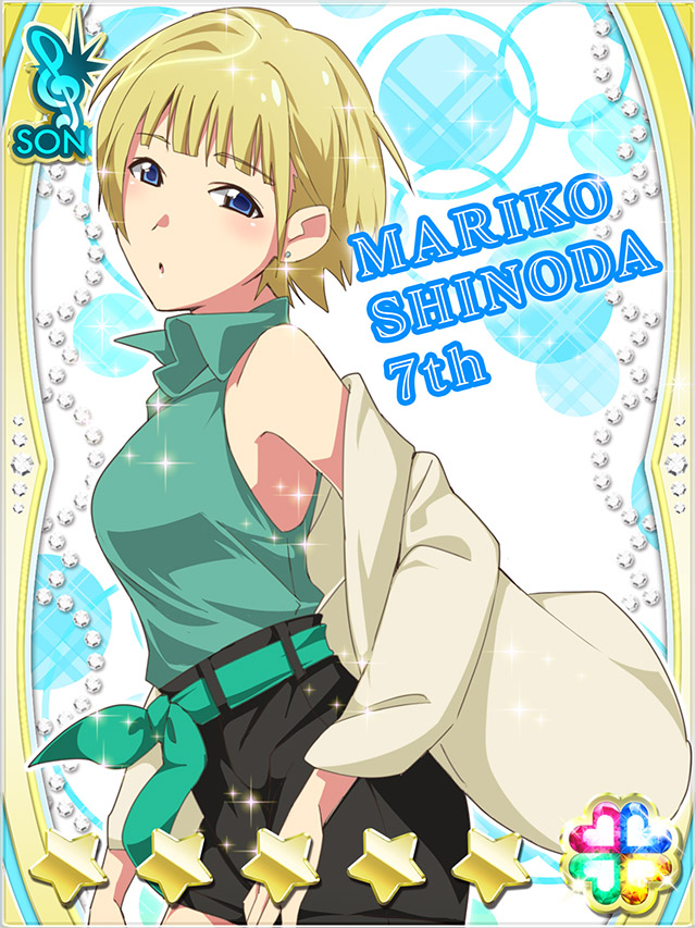 1girl, akb0048, black_shorts, blonde_hair, blue_background, blue_eyes, card_(medium), character_name