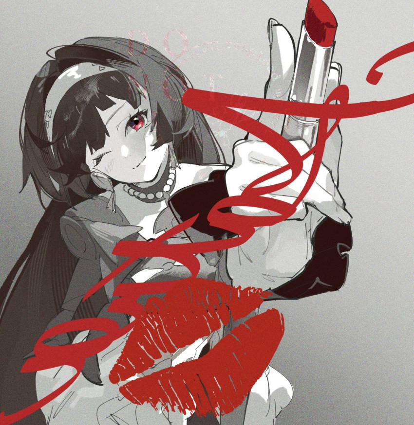 1girl, astra_yao, blunt_bangs, closed_mouth, cosmetics, dress, earrings, grey_background
