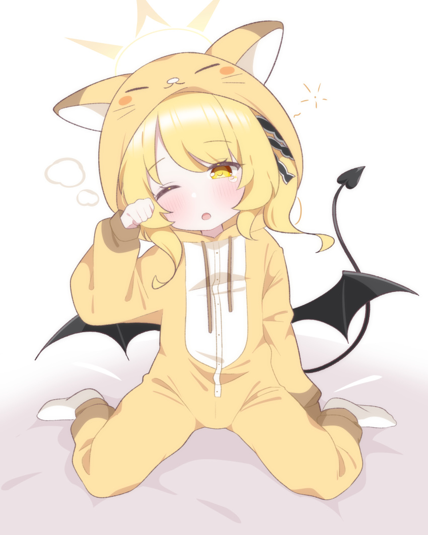 1girl, absurdres, asymmetrical_hair, black_tail, black_wings, blonde_hair, blue_archive, blush, child, commentary, cosplay, demon_tail, demon_wings, full_body, halo, highres, hood, hood_up, ibuki_(blue_archive), kigurumi, lattes2, looking_at_viewer, one_eye_closed, open_mouth, paw_pose, side_ponytail, sitting, tail, wariza, wings, yellow_eyes, yellow_halo