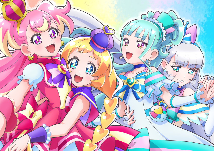 4girls, aqua_hair, aqua_hairband, aqua_hat, arm_warmers, blonde_hair, blue_choker, blue_eyes, blue_hairband, blush, bow, bowtie, braid, brooch, capelet, choker, commentary_request, crown, crown_earrings, cure_friendy, cure_lillian, cure_nyammy, cure_wonderful, dress, earrings, hairband, hat, heart, heart_brooch, highres, inukai_iroha, inukai_komugi, jewelry, long_hair, low_twin_braids, magical_girl, mini_crown, mini_hat, mini_top_hat, multicolored_hair, multiple_girls, nekoyashiki_mayu, nekoyashiki_yuki, off-shoulder_dress, off_shoulder, open_mouth, partial_commentary, peaked_cap, pearl_earrings, pink_bow, pink_bowtie, pink_dress, pink_eyes, pink_hair, precure, puffy_short_sleeves, puffy_sleeves, purple_bow, purple_bowtie, purple_capelet, purple_dress, purple_hairband, purple_hat, short_sleeves, side_ponytail, sleeveless, sleeveless_dress, smile, striped_bow, striped_bowtie, striped_clothes, top_hat, twin_braids, two-tone_hair, two_side_up, violet_eyes, watasi, white_dress, white_hair, white_sleeves, wonderful_precure!, wrist_cuffs