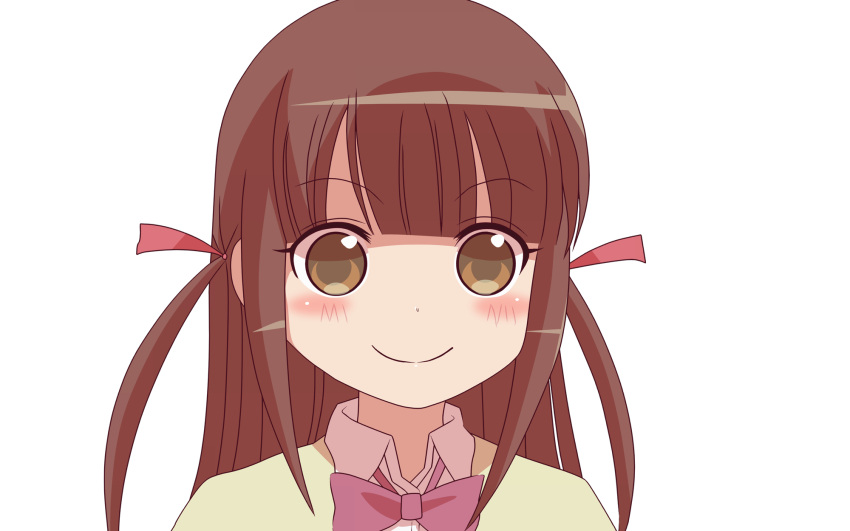 1girl, blunt_bangs, bow, bowtie, brown_eyes, brown_hair, cardigan, close-up, closed_mouth, collared_shirt, hair_ribbon, highres, long_hair, mukunoki_chihiro, portrait, red_bow, red_bowtie, red_ribbon, ribbon, school_uniform, shinohayu_the_dawn_of_age, shirt, sidelocks, simple_background, smile, solo, transparent_background, two_side_up, white_shirt, yellow_cardigan