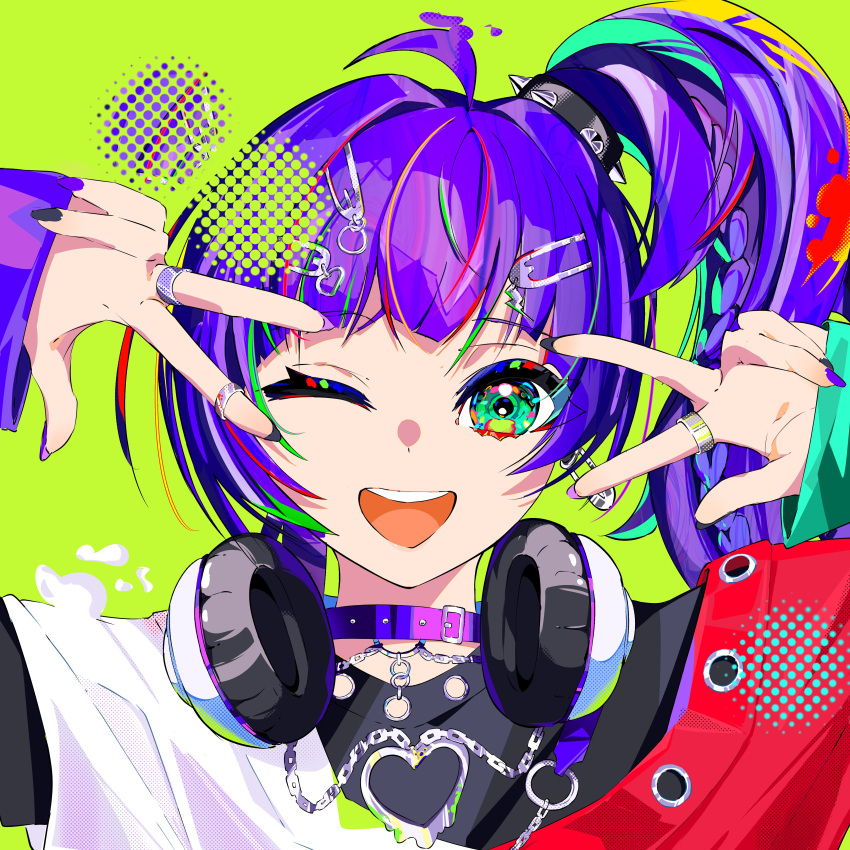 1girl, ;d, absurdres, ahoge, braid, chattdraws, commentary, commission