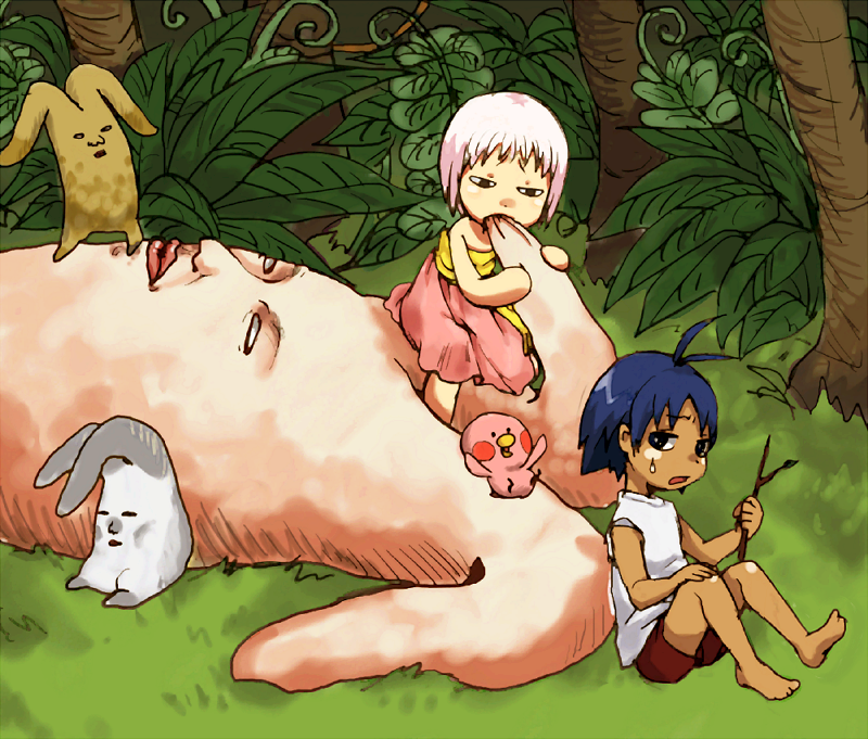 bird, blue_hair, guu, guu_(jungle_wa_itsumo_hare_nochi_guu), hare, hare_(jungle_wa_itsumo_hare_nochi_guu), jungle, jungle_wa_itsumo_hare_nochi_guu