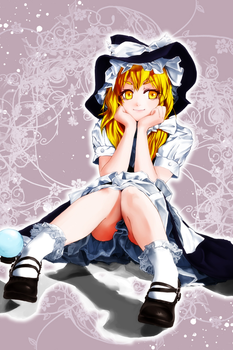blonde_hair, bobby_socks, bow, chin_rest, hat, highres, kirisame_marisa, lace