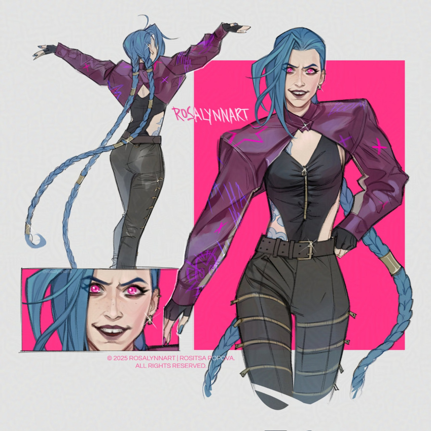 1girl, arcane:_league_of_legends, arms_up, artist_name, asymmetrical_bangs, belt, black_leotard, black_pants