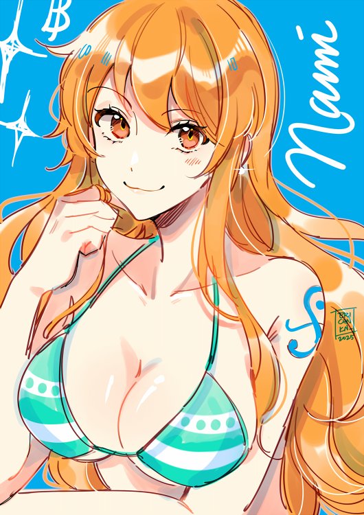 1girl, arm_tattoo, bikini, bikini_top_only, blue_background, breasts, coll_(erichankun), large_breasts
