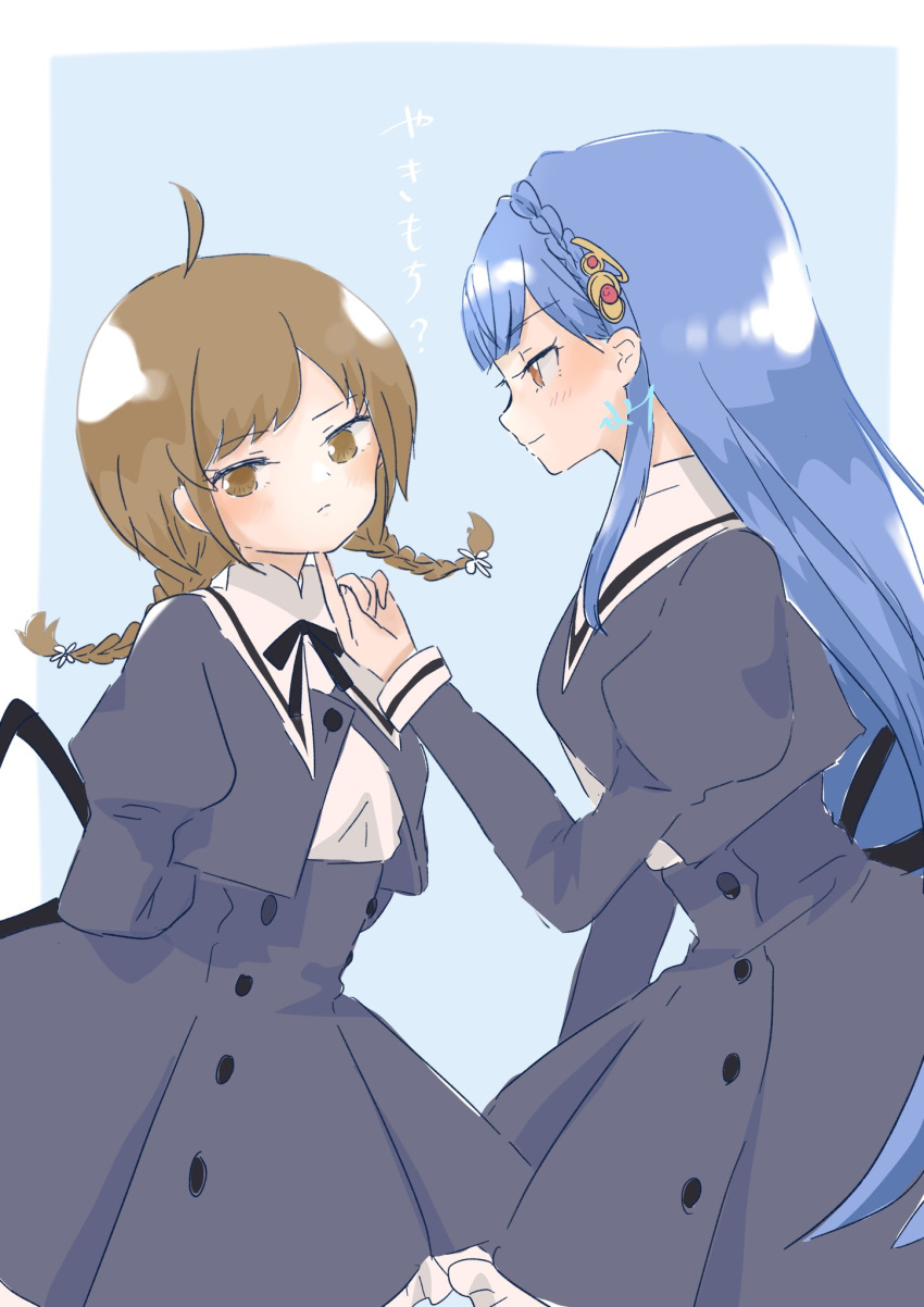 2girls, arm_at_side, arms_behind_back, artist_name, assault_lily, averting_eyes, black_ribbon, black_skirt