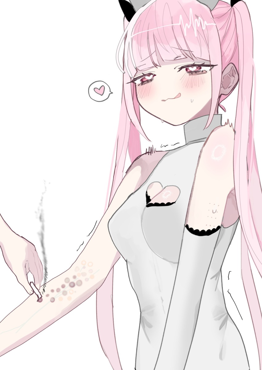 :3, absurdres, black_ribbon, blush, breasts, cigarette, cigarette_burn, cleavage_cutout