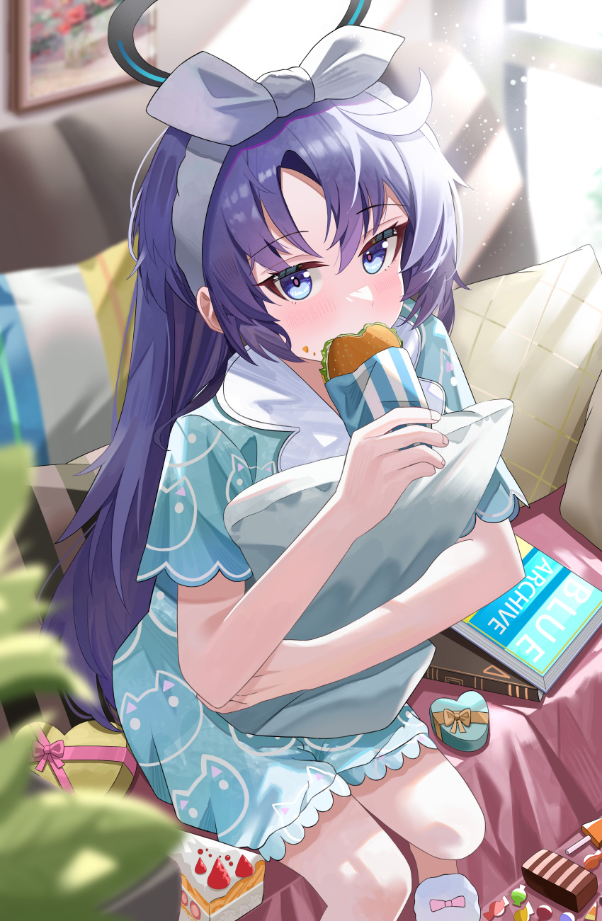 1girl, absurdres, aqua_pajamas, blue_archive, blue_eyes, blush, book, bow