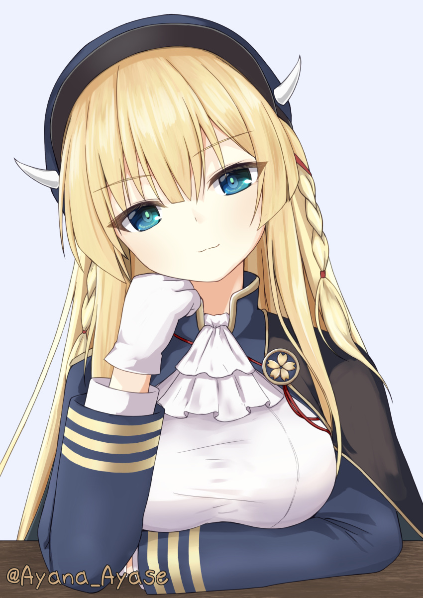1girl, ascot, ayana_ayase, azur_lane, black_cape, blonde_hair, blue_eyes, blush