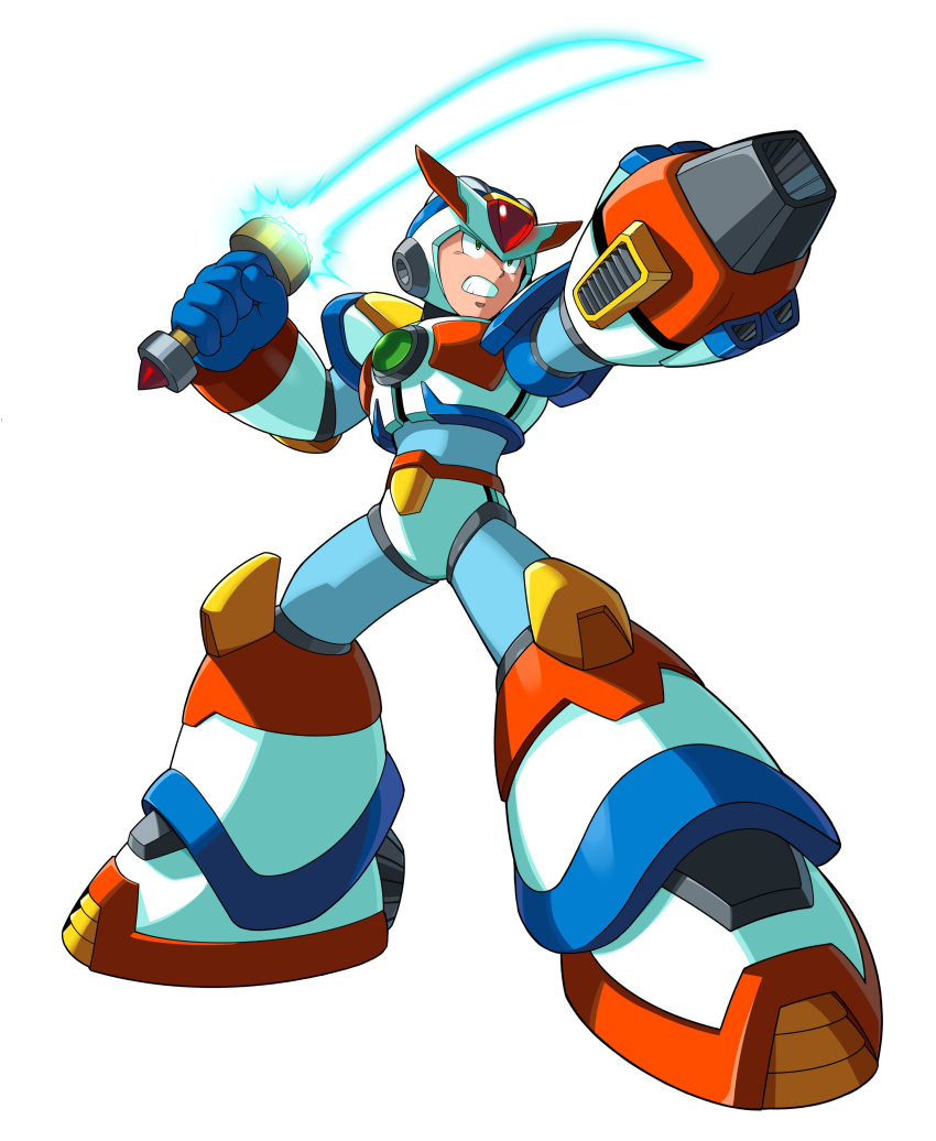 1boy, absurdres, android, arm_cannon, armor, blue_helmet, chest_jewel, clenched_hand