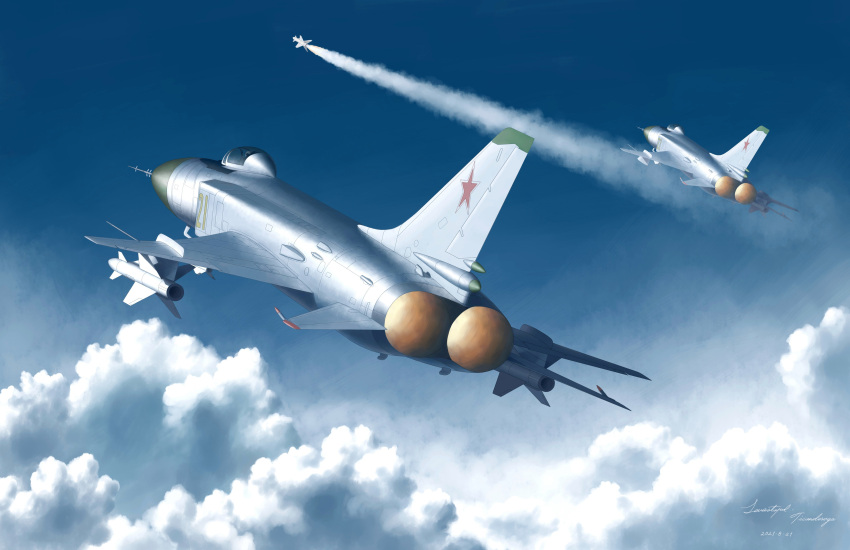 absurdres, aircraft, airplane, clouds, dated, fighter_jet, firing, from_behind