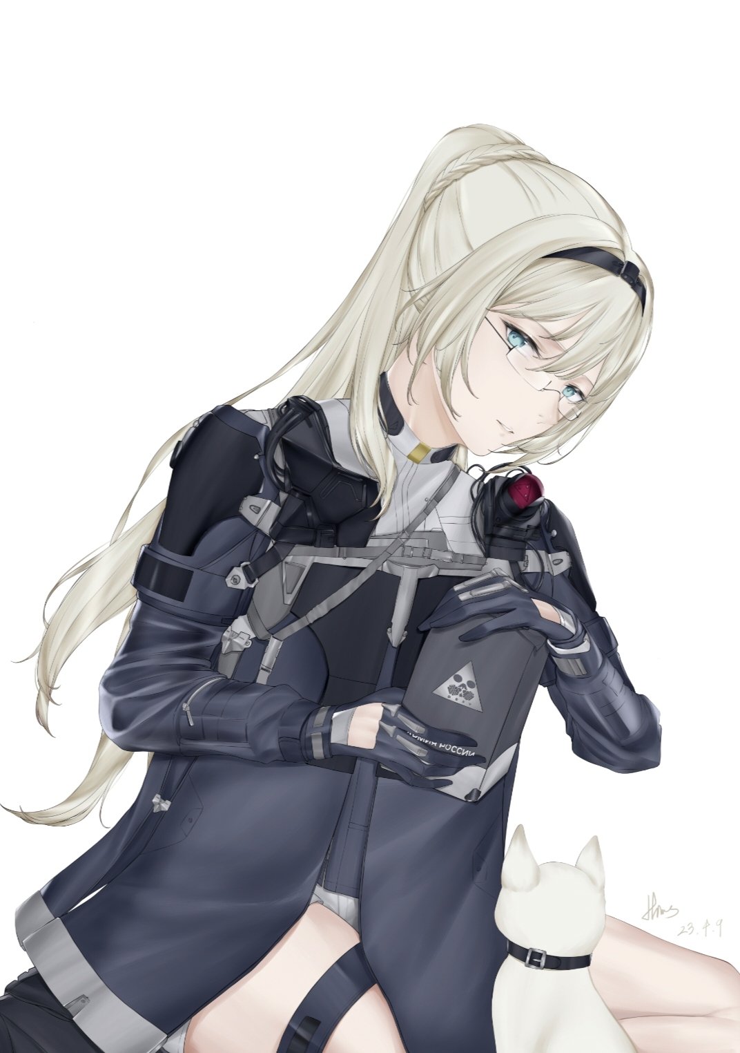1girl, an-94_(girls'_frontline), an-94_(mod3)_(girls'_frontline), aqua_eyes, artist_name, black_hairband, blonde_hair, blue_gloves