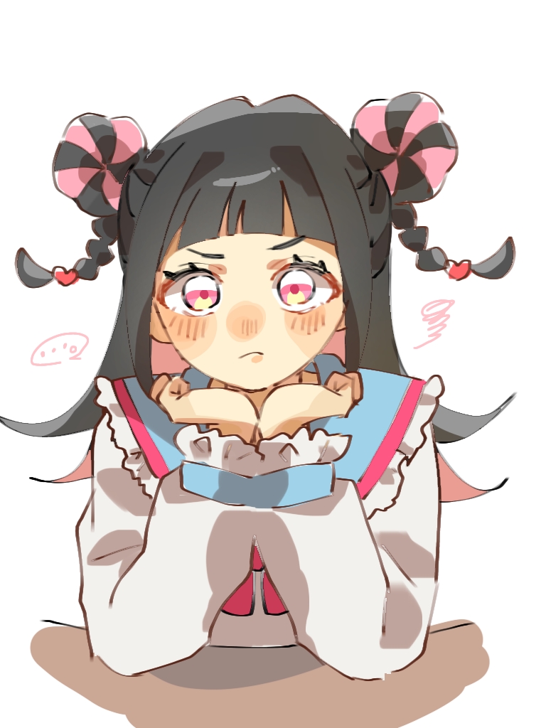 1girl, black_hair, blush, bow, braid, bucchigiri?!, colored_inner_hair, double_bun