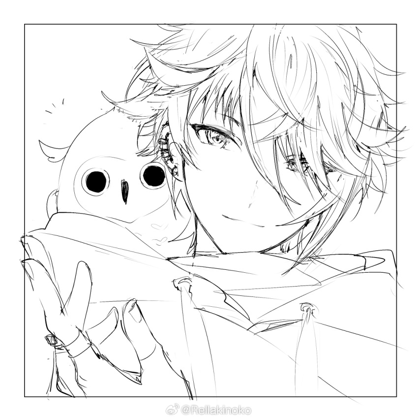 1boy, animal, animal_on_shoulder, bird, chinese_commentary, closed_mouth, commentary_request, ear_piercing