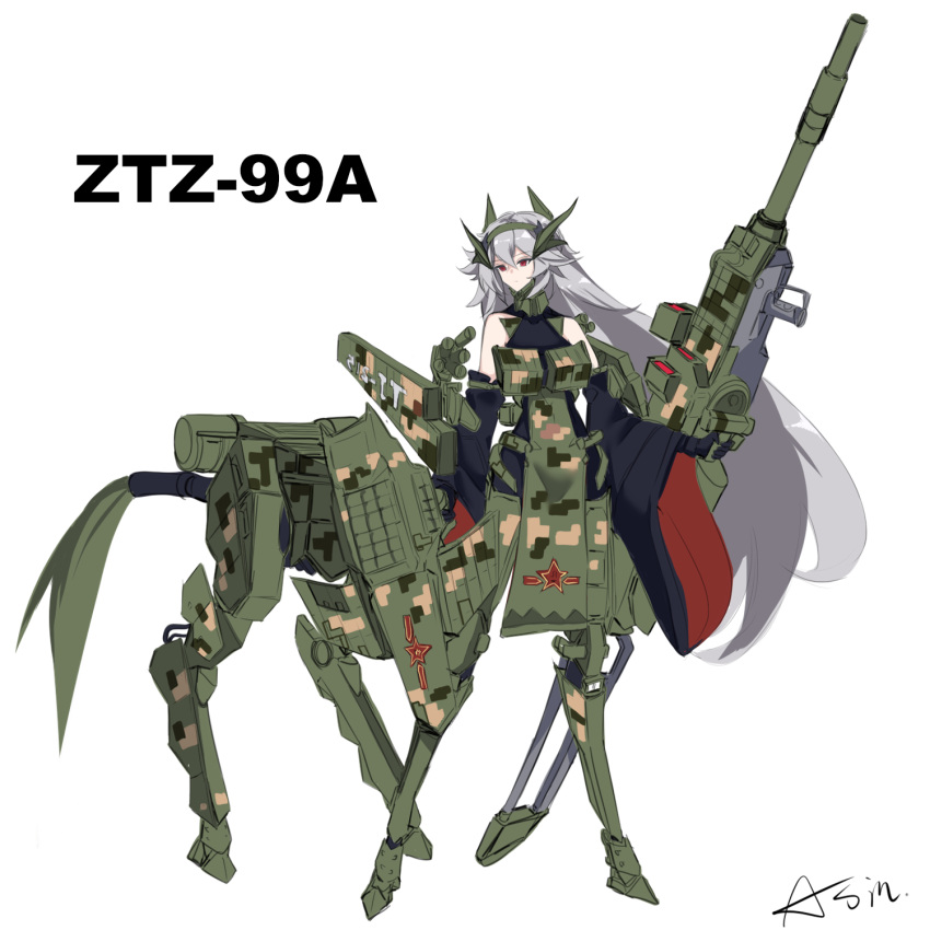 1girl, asin, cannon, centaur, character_name, grey_hair, headgear, highres