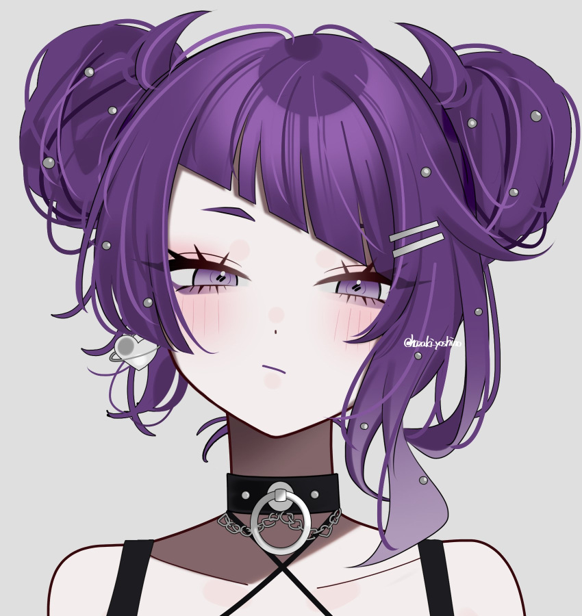 1girl, aegyo_sal, asymmetrical_sidelocks, black_choker, blunt_bangs, blush, chain, choker