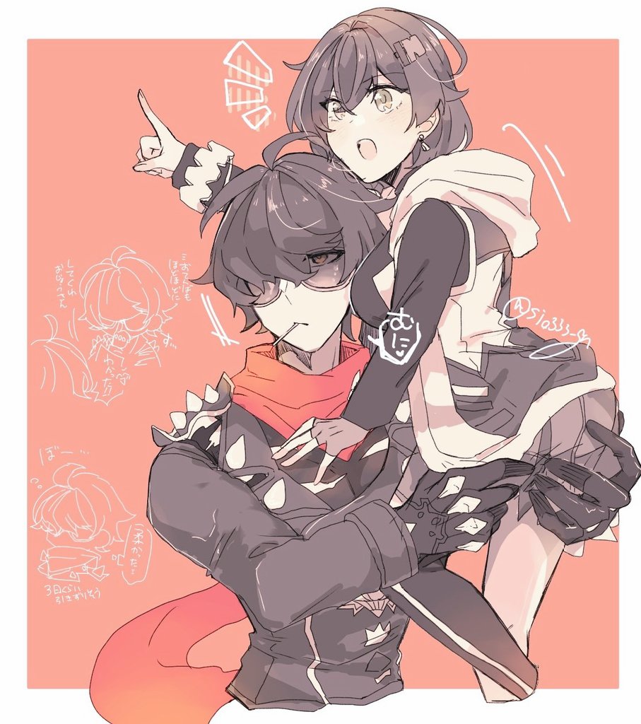 1boy, 1girl, artist_name, belle_(zenless_zone_zero), black_shirt, black_thighhighs, blue_hair, border