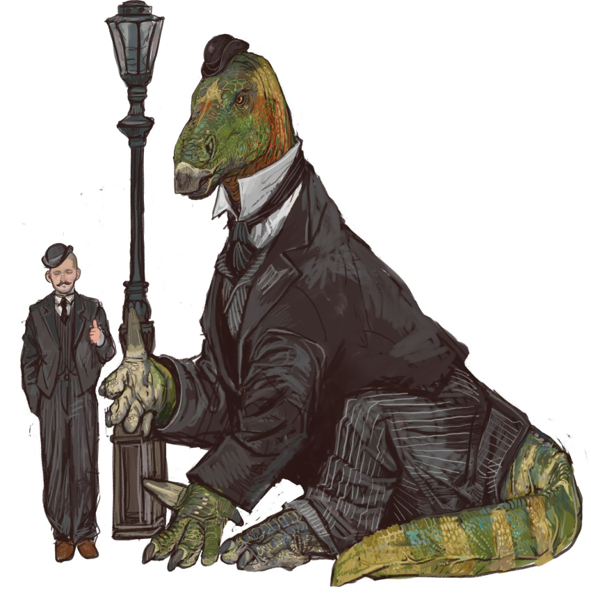 1boy, animal, black_hat, black_jacket, black_necktie, black_pants, black_vest, bowler_hat, clothed_animal, collared_shirt, dinosaur, hat, highres, iguanodon, jacket, lamppost, mossacannibalis, necktie, original, pants, pinstripe_pants, pinstripe_pattern, pinstripe_vest, shirt, striped_clothes, striped_vest, vest, white_shirt