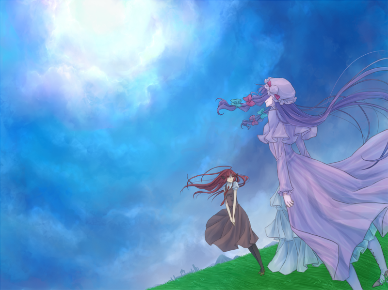cloak, cloud, clouds, dress, dutch_angle, field, floating_hair, grass