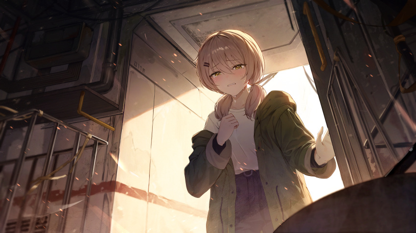 1girl, absurdres, biting_own_lip, black_undershirt, blue_shorts, blush, brown_hair, collarbone