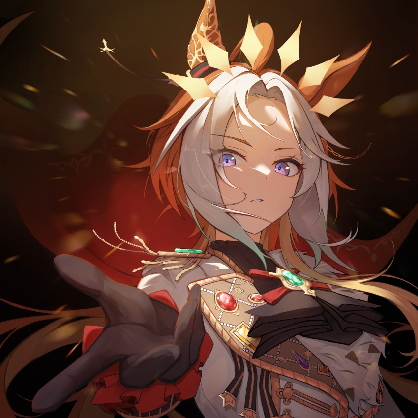 1girl, ahoge, animal_ears, ascot, black_ascot, black_gloves, cai_ji_(user_jmrv4342), commentary_request