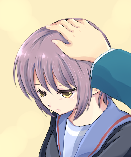 brown_eyes, cardigan, grey_hair, nagato_yuki, nouzu, petting, school_uniform, serafuku