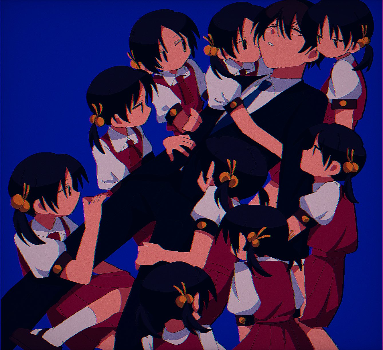 1boy, 6+girls, black_eyes, black_hair, black_jacket, black_pants, black_suit, blue_background