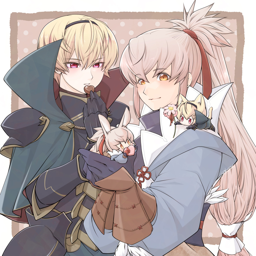 2boys, absurdres, armor, bishounen, black_armor, blonde_hair, blush, candy, cape, chibi, chocolate, commentary_request, eyelashes, fire_emblem, fire_emblem_fates, food, gloves, grey_hair, hair_between_eyes, hairband, heart, heart-shaped_chocolate, heart-shaped_food, highres, holding, japanese_clothes, leo_(fire_emblem_fates), long_hair, long_sleeves, looking_at_viewer, male_focus, multiple_boys, nknaxs, orange_eyes, ponytail, red_eyes, short_hair, smile, takumi_(fire_emblem), upper_body