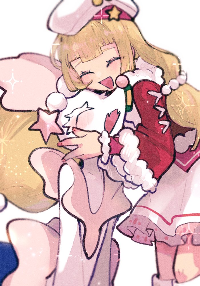 2girls, :d, alternate_color, blonde_hair, blush, closed_eyes, dress, fangs, fur_trim, furry, hat, hug, jewelry, lillie_(holiday_2024)_(pokemon), lillie_(pokemon), long_hair, long_sleeves, multiple_girls, necklace, official_alternate_costume, open_mouth, pearl_necklace, pokemon, pokemon_(creature), pokemon_masters_ex, pokemon_sm, primarina, red_sleeves, shiny_pokemon, simple_background, skin_fangs, smile, sstoh, standing, starfish_hair_ornament, white_background, white_dress, white_hat