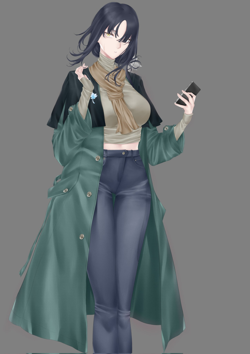1girl, arm_up, black_hair, breasts, brown_scarf, cellphone, character_request, coat, denim, feet_out_of_frame, girls_frontline, green_coat, grey_background, hair_over_one_eye, highres, himos, holding, holding_phone, jeans, lips, long_hair, long_sleeves, looking_at_viewer, medium_breasts, open_clothes, open_coat, open_mouth, pants, phone, scar, scar_on_face, scarf, simple_background, smartphone, solo, standing, turtleneck, yellow_eyes