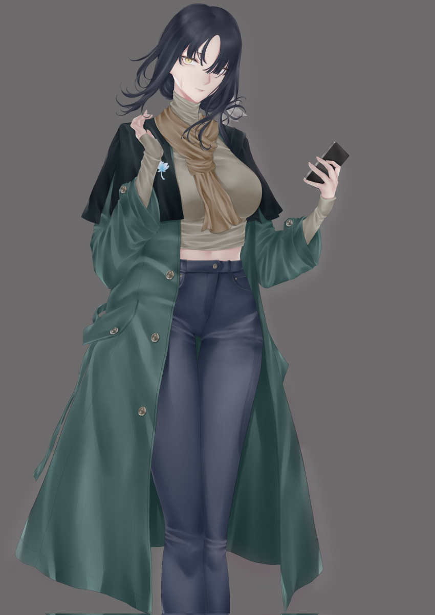 1girl, arm_up, black_hair, breasts, brown_scarf, cellphone, character_request, closed_mouth